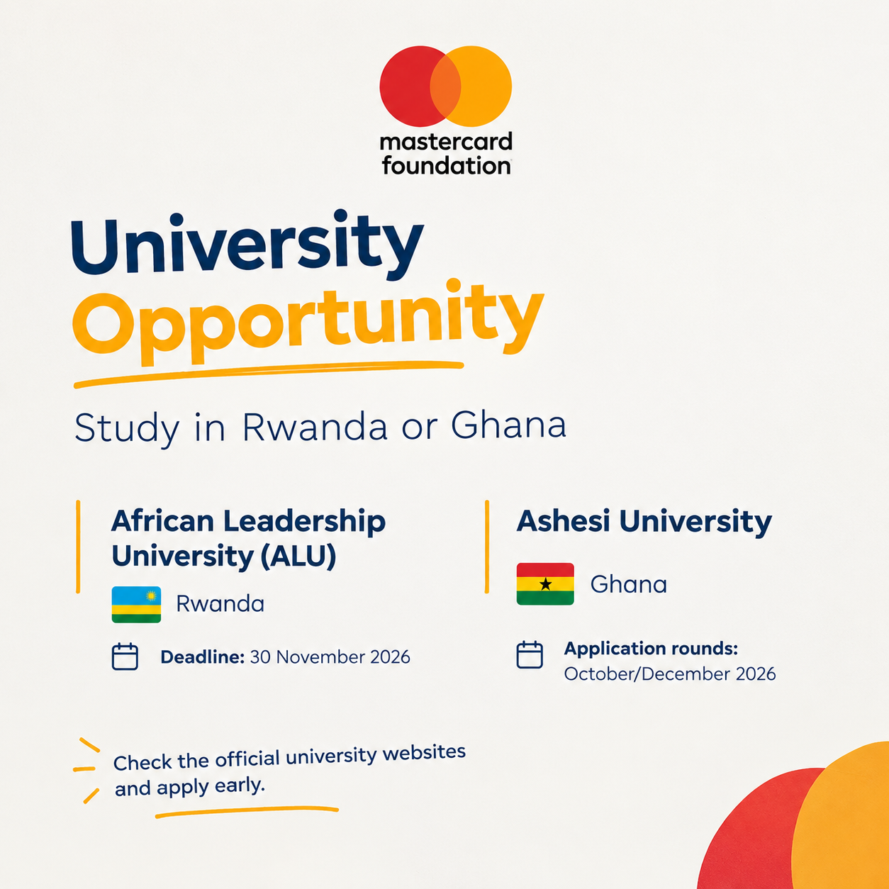 Mastercard Foundation Scholarships: Study in Rwanda or Ghana.